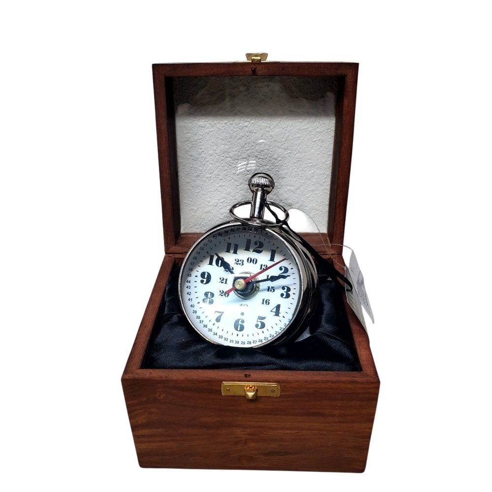 Paperweight Desk Clock Compass* w Brown Wooden Glass Top Box